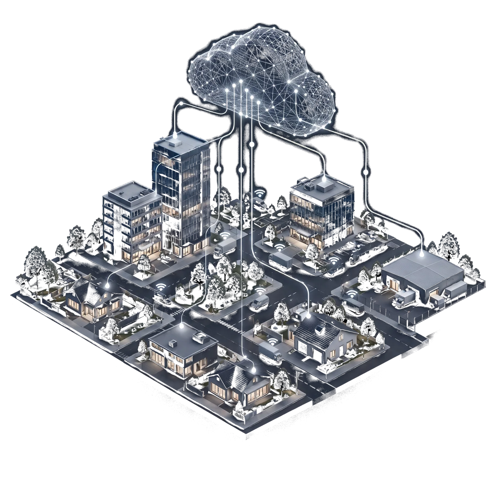 Ciudad isométrica con edificios de oficinas, viviendas y una nave industrial, unidos por cables de luz a una nube de datos.